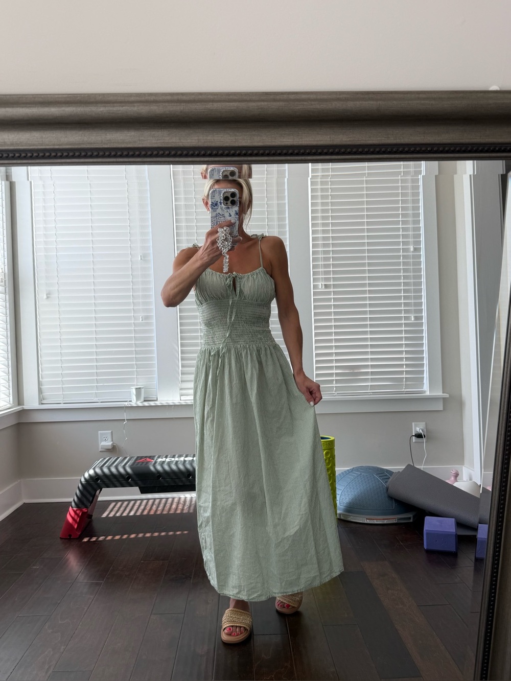 GREEN & WHITE STRIPED SUNDRESS, Tie shoulder